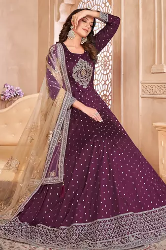 Wine Taffeta Silk Semi Stich Butti Anarkali Suit