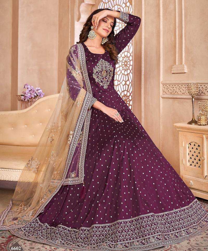 Wine Taffeta Silk Semi Stich Butti Anarkali Suit