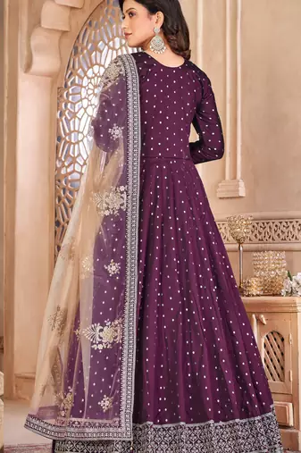 Wine Taffeta Silk Semi Stich Butti Anarkali Suit