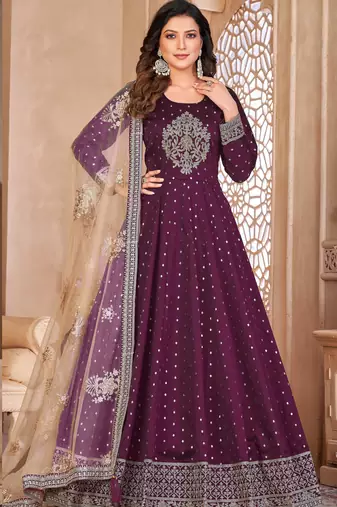 Wine Taffeta Silk Semi Stich Butti Anarkali Suit