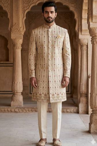 Pastel golden daman embroidery indowestern for men | premium indowestern men's ethnic wear