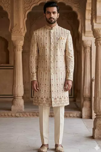 Pastel golden daman embroidery indowestern for men | premium indowestern men's ethnic wear