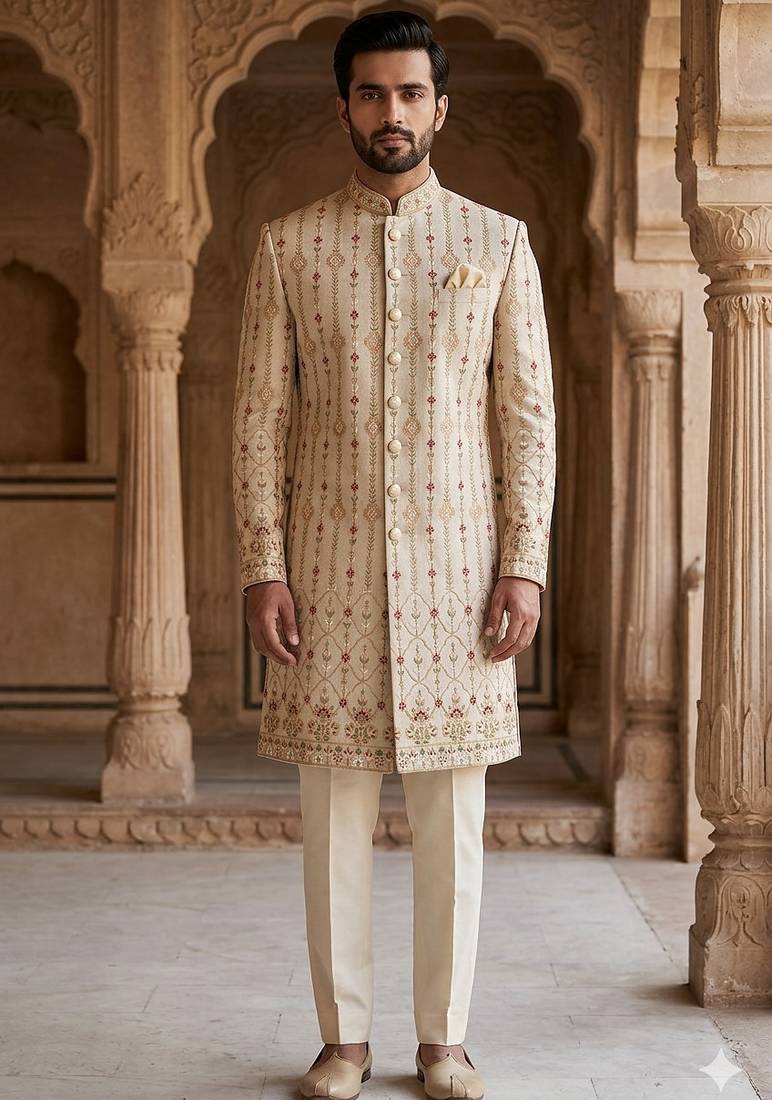 Pastel golden daman embroidery indowestern for men | premium indowestern men's ethnic wear