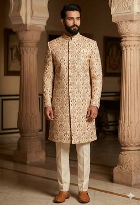 Golden color maroon touchup embroidery indowestern for men 1