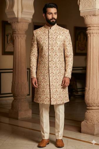 Golden color maroon touchup embroidery indowestern for men