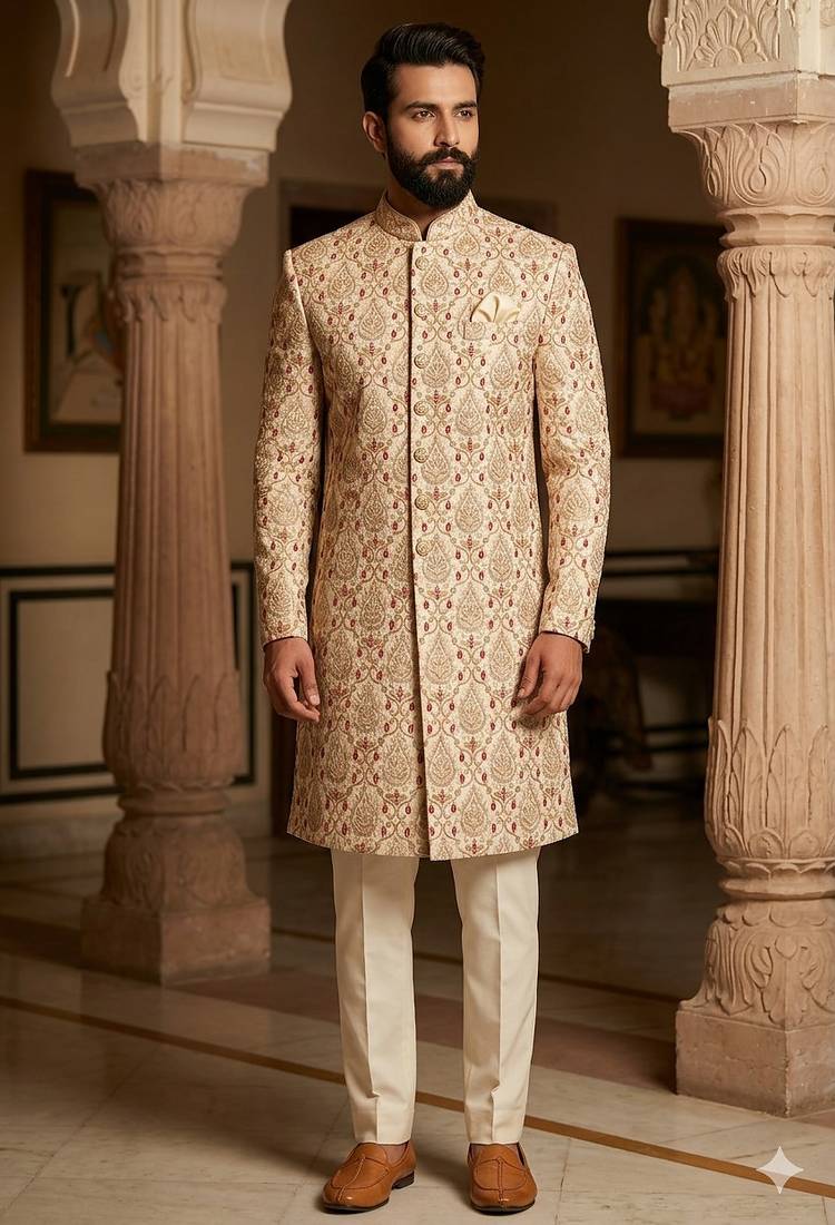 Golden color maroon touchup embroidery indowestern for men | premium indowestern men's ethnic wear