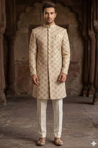 Golden color green touchup embroidery indowestern for men | premium indowestern men's ethnic wear