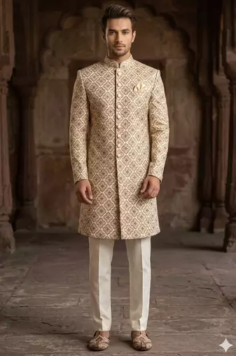 Golden color green touchup embroidery indowestern for men | premium indowestern men's ethnic wear