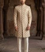 Golden color green touchup embroidery indowestern for men | premium indowestern men's ethnic wear