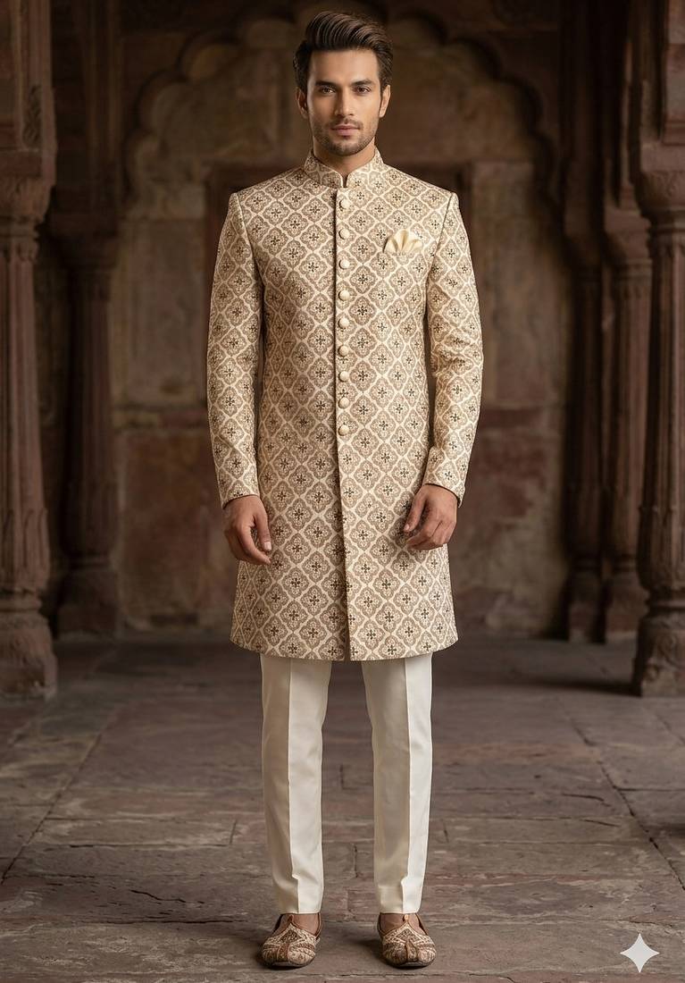 Golden color green touchup embroidery indowestern for men | premium indowestern men's ethnic wear