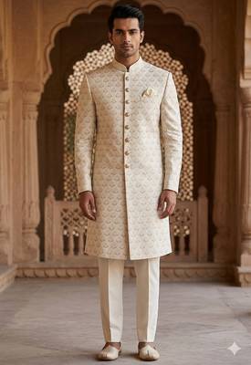 Cream color pitch touchup embroidery indowestern for men | premium indowestern men's ethnic wear 1