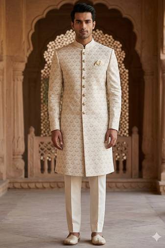 Cream color pitch touchup embroidery indowestern for men | premium indowestern men's ethnic wear