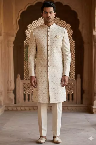 Cream color pitch touchup embroidery indowestern for men | premium indowestern men's ethnic wear