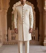 Cream color pitch touchup embroidery indowestern for men | premium indowestern men's ethnic wear