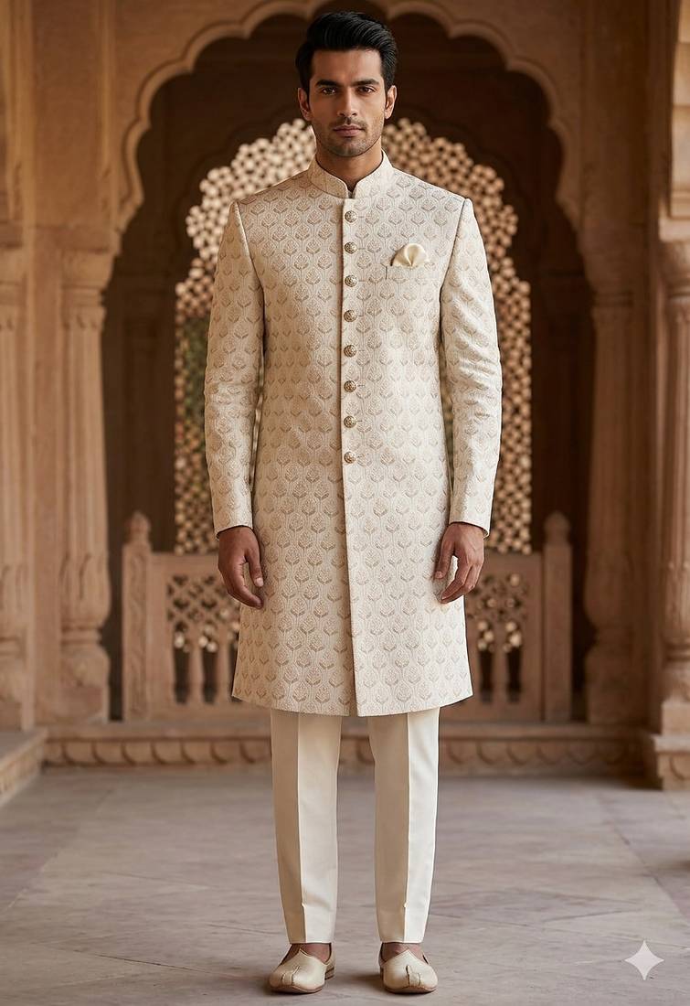 Cream color pitch touchup embroidery indowestern for men | premium indowestern men's ethnic wear