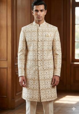 Cream color mirror style embroidery indowestern for men | premium indowestern men's ethnic wear 2