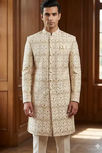 Cream color mirror style embroidery indowestern for men | premium indowestern men's ethnic wear