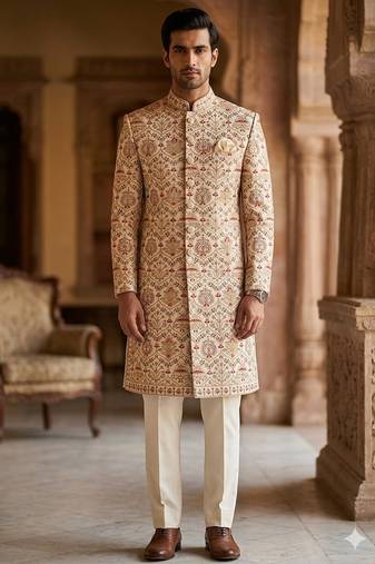Pastel golden maroon toch-up indowestern for men | premium indowestern men's ethnic wear