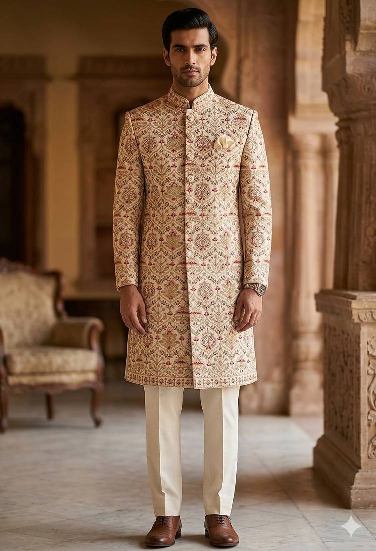 Pastel golden maroon toch-up indowestern for men | premium indowestern men's ethnic wear