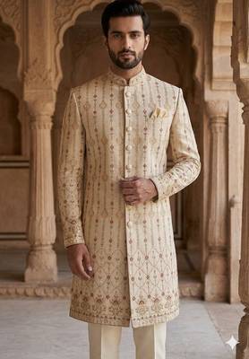 Pastel golden daman embroidery indowestern for men | premium indowestern men's ethnic wear 2