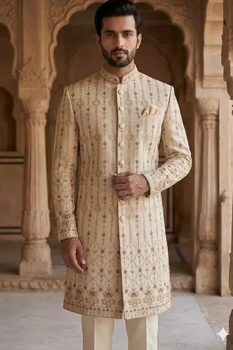 Pastel golden daman embroidery indowestern for men | premium indowestern men's ethnic wear