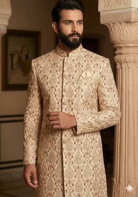 Golden color maroon touchup embroidery indowestern for men 2