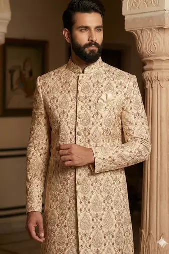 Golden color maroon touchup embroidery indowestern for men
