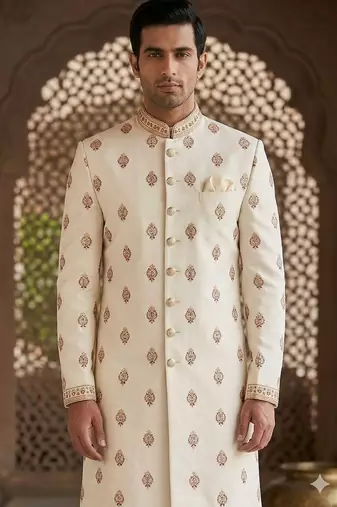 Cream butta embroidery indowestern for men