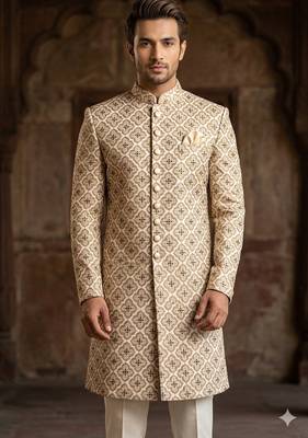 Golden color green touchup embroidery indowestern for men | premium indowestern men's ethnic wear 2
