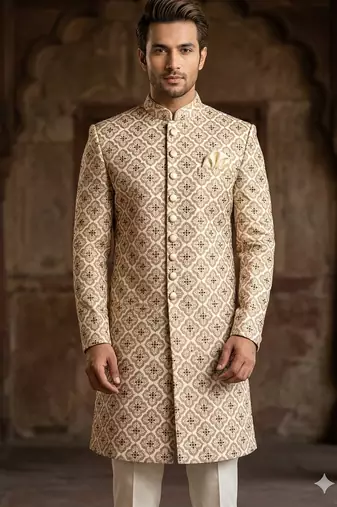 Golden color green touchup embroidery indowestern for men | premium indowestern men's ethnic wear