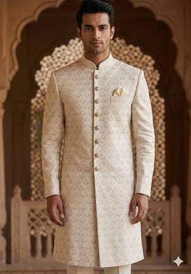 Cream color pitch touchup embroidery indowestern for men | premium indowestern men's ethnic wear 2