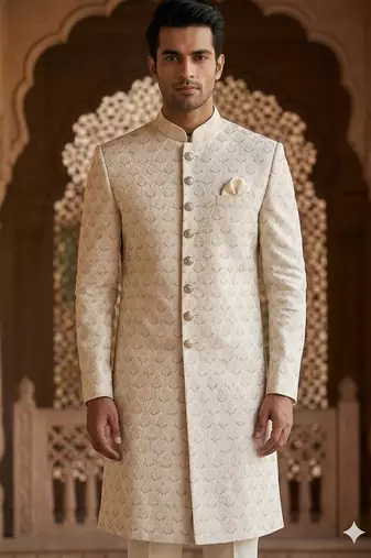 Cream color pitch touchup embroidery indowestern for men | premium indowestern men's ethnic wear