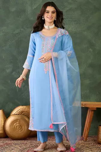 Women's Gorgeous Embroidery Work Viscose Silk Fabric Straight Kurta Pant and Dupatta Set