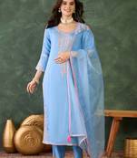 Women's Gorgeous Embroidery Work Viscose Silk Fabric Straight Kurta Pant and Dupatta Set