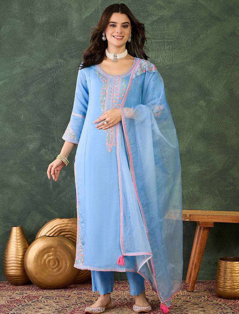 Women's Gorgeous Embroidery Work Viscose Silk Fabric Straight Kurta Pant and Dupatta Set