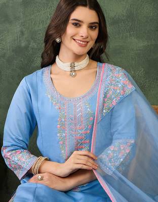 Women's Gorgeous Embroidery Work Viscose Silk Fabric Straight Kurta Pant and Dupatta Set 2