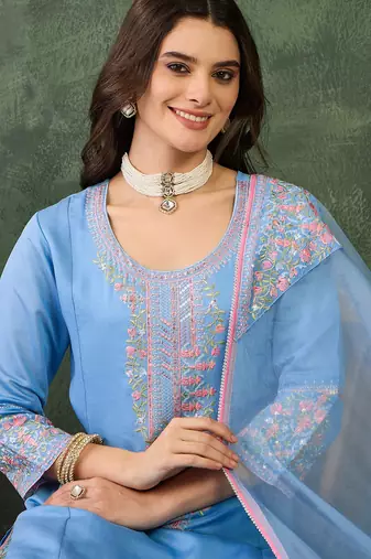 Women's Gorgeous Embroidery Work Viscose Silk Fabric Straight Kurta Pant and Dupatta Set