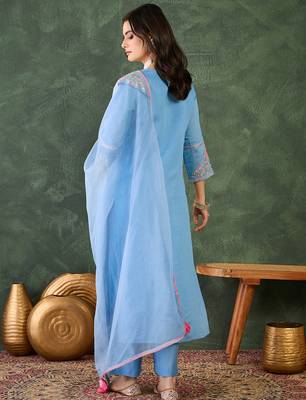 Women's Gorgeous Embroidery Work Viscose Silk Fabric Straight Kurta Pant and Dupatta Set 4