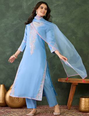 Women's Gorgeous Embroidery Work Viscose Silk Fabric Straight Kurta Pant and Dupatta Set 5