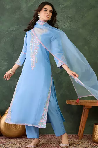Women's Gorgeous Embroidery Work Viscose Silk Fabric Straight Kurta Pant and Dupatta Set