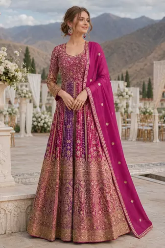 Purple georgette readymade anarkali suit with embroidery zarkan work (free size)
