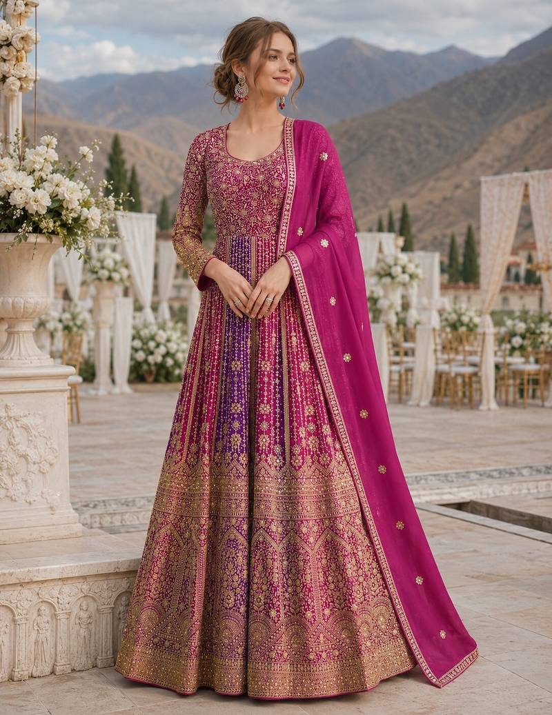 Purple georgette readymade anarkali suit with embroidery zarkan work (free size)