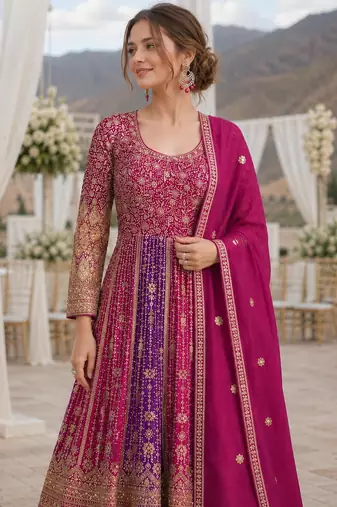 Purple georgette readymade anarkali suit with embroidery zarkan work (free size)