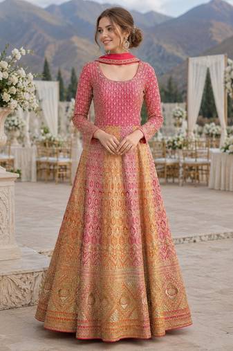 Peach georgette readymade anarkali suit with embroidery zarkan work (free size)