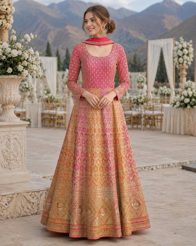 Peach georgette readymade anarkali suit with embroidery zarkan work (free size)