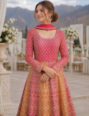 Peach georgette readymade anarkali suit with embroidery zarkan work (free size) 2