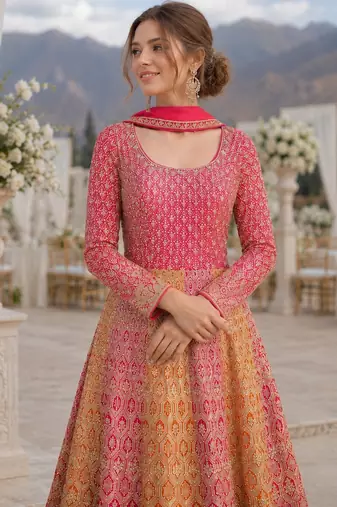 Peach georgette readymade anarkali suit with embroidery zarkan work (free size)