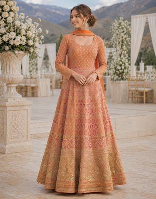 Orange georgette readymade anarkali suit with embroidery zarkan work (free size) 1