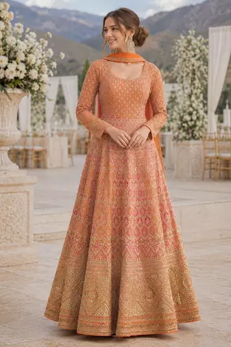Orange georgette readymade anarkali suit with embroidery zarkan work (free size)