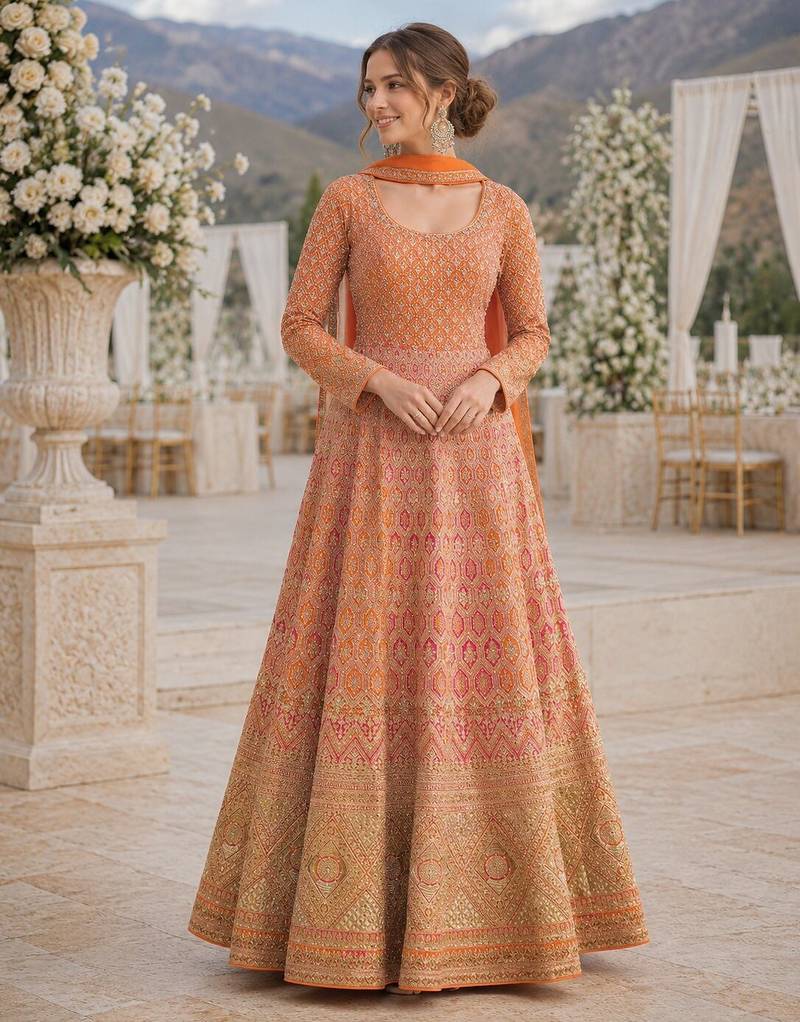 Orange georgette readymade anarkali suit with embroidery zarkan work (free size)